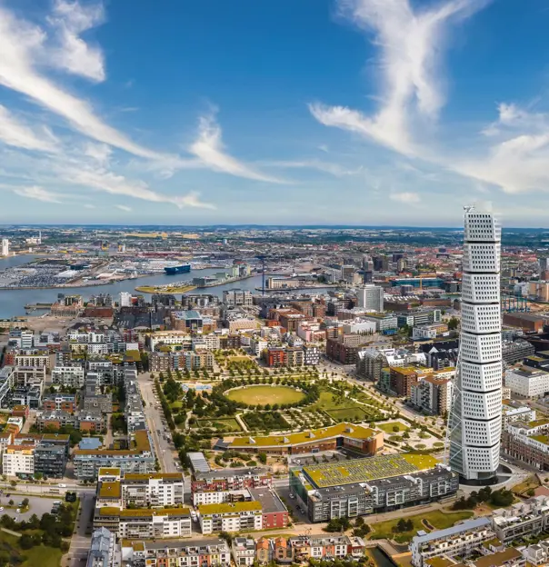 Beautiful aerial view of the Vastra Hamnen- The Western Harbour -district in Malmo, Sweden