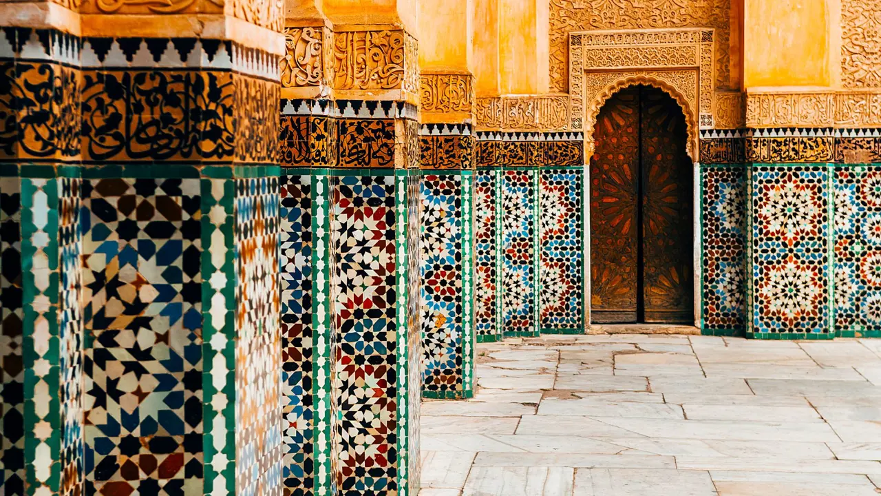 Sh 662956675 Ornamental Tiles In A Moroccan Courtyard