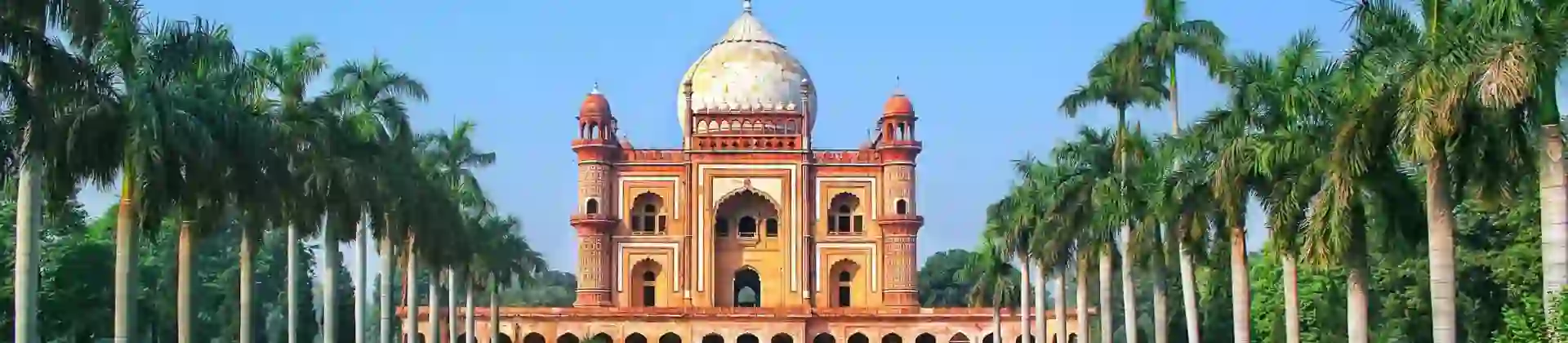Front view of Humayun's Tomb in Delhi, India, framed by symmetrical rows of palm trees and a long reflecting pool under a clear blue sky
