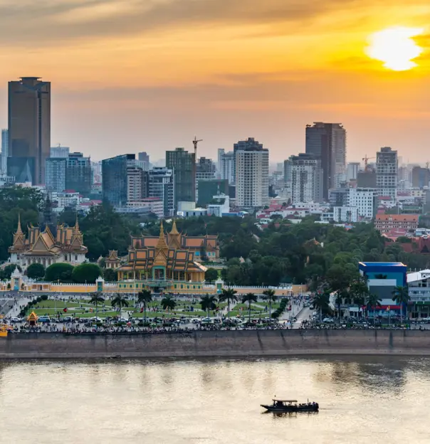 Sunset over Phnom Penh, Royal Palace and Mekong River