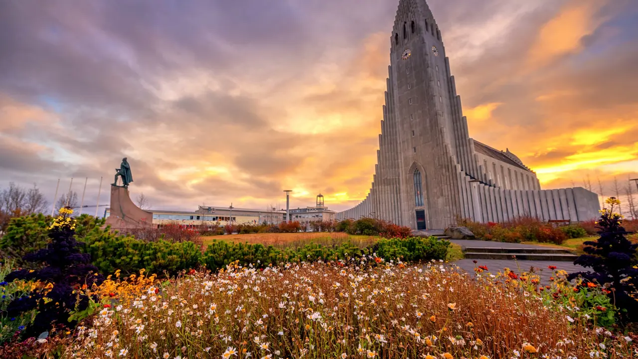 Beautiful sunrise landscape view of Hallgrímskirkja is a Church of Iceland, church in Reykjavík.It is the largest church in Iceland and the tallest structures in Iceland.