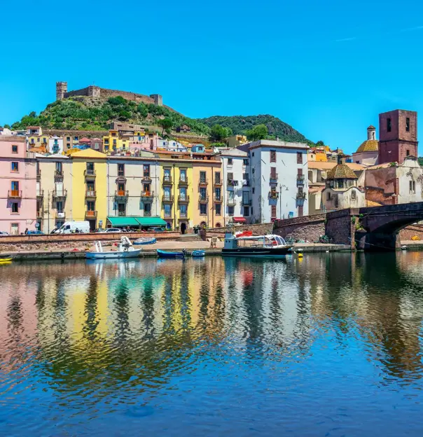 Bosa with its Colourful Houses, Temo River and Castle, Sardinia, Italy