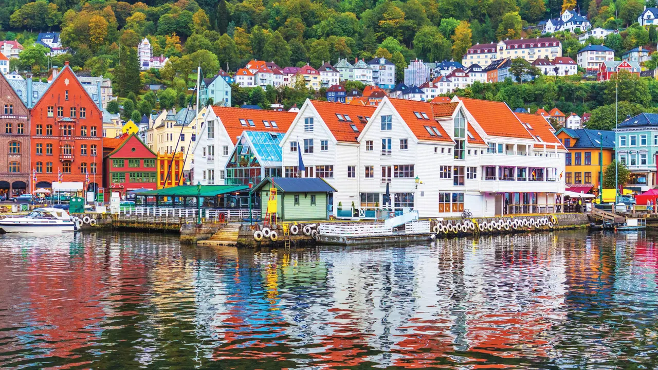 View of a Norwegian town on the water 