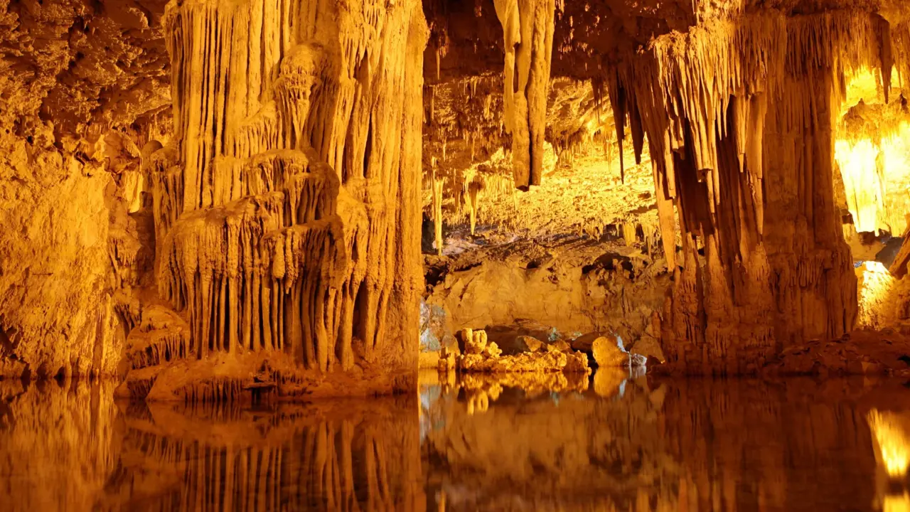 Inside the Caves Of Neptune, Sardinia, showing the icicle shaped rock formations