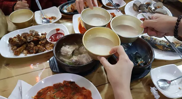 Korean traditional set table of Jeonju, with traditional rice wine(makgeolli)