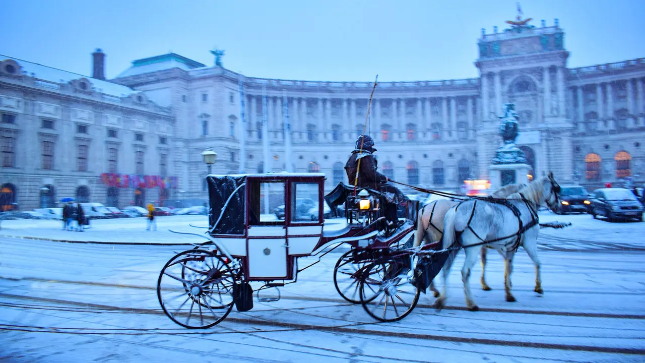 Action shot of a horse drawn carriage outside a large, wide, beige-coloured historical building, which also has a black statue of a person outside the building. Cars can be seen parked to the left of the image, and some moving on the right. Everything in the image is covered in snow