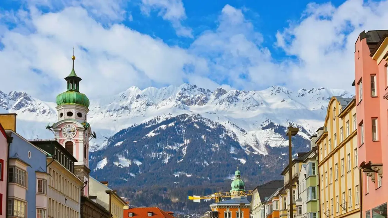 View of a snowy mountain from the Old Town in Innsbruck, Austria 