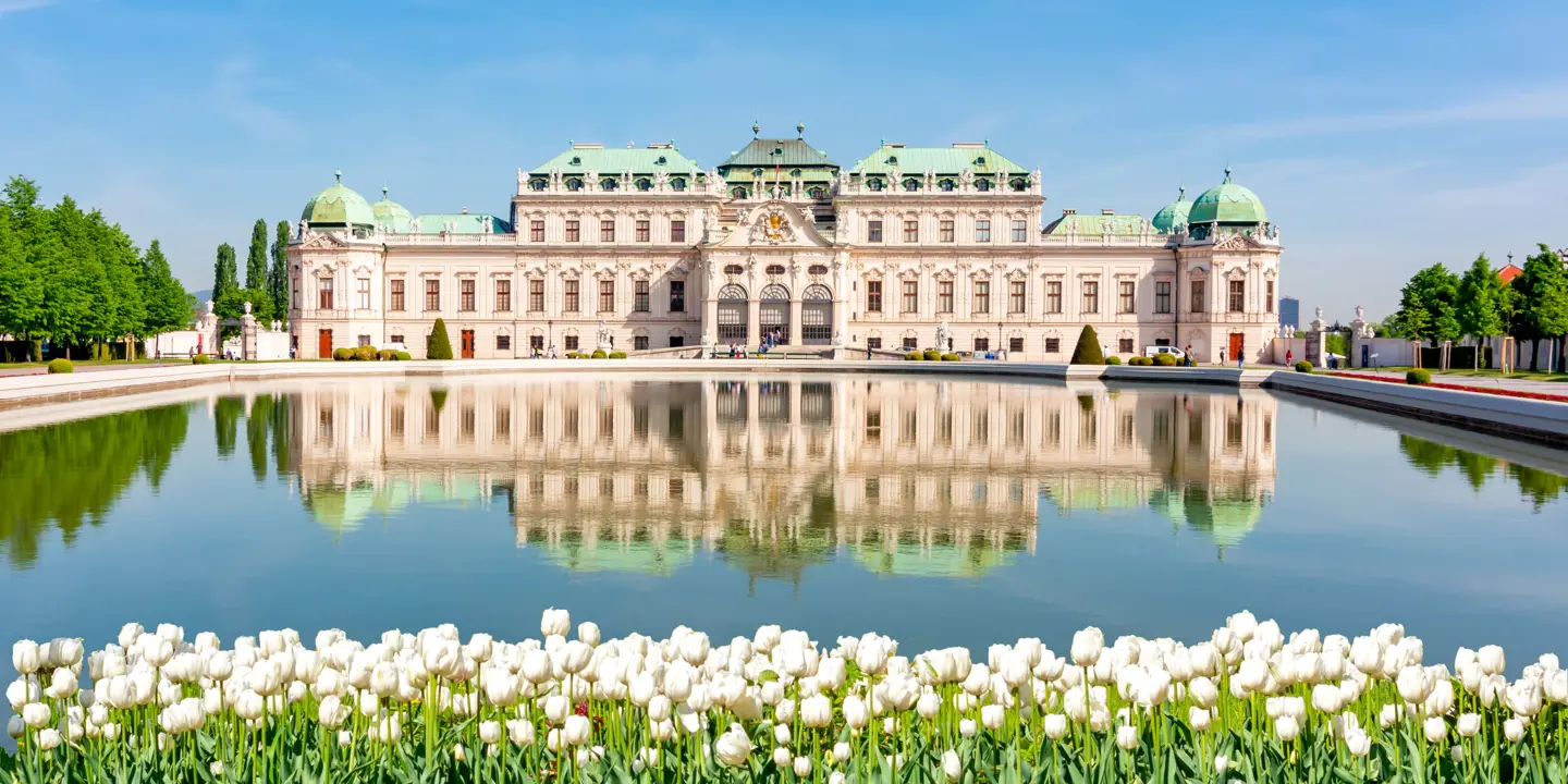 View of Belvedere Palace, a wide, white building with a pale green roof and turrets left and right far ends. In front is a large, walled body of water with the palace's reflection in it. At the forefront of the image is a strip of white tulips, all under a blue, clear sky.