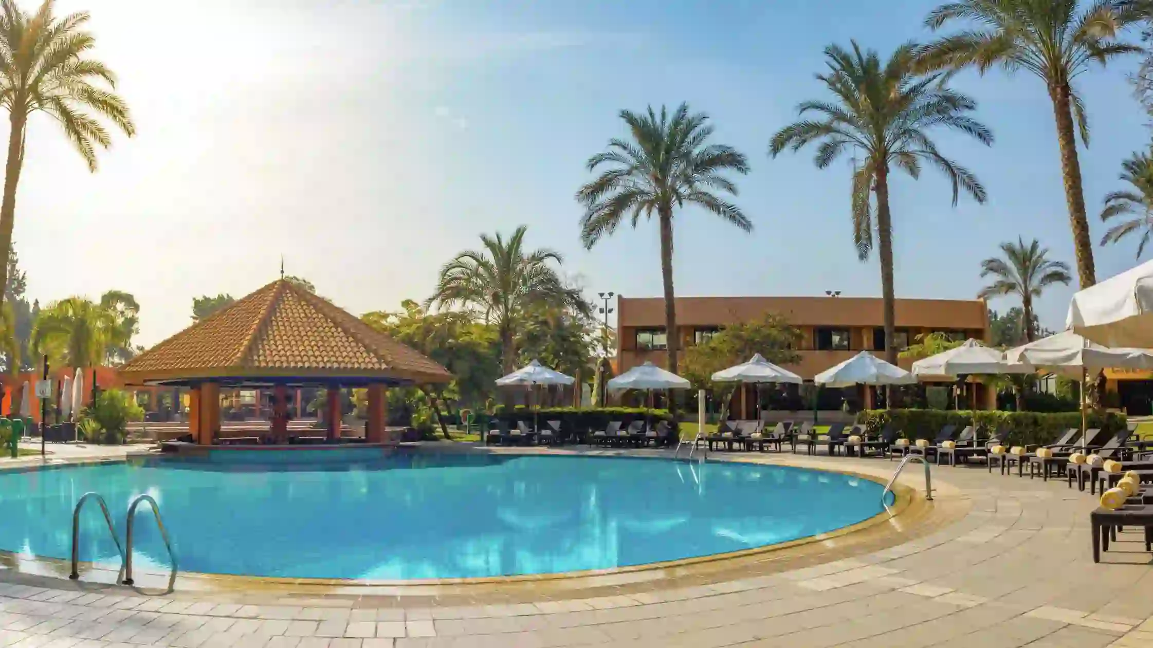A palm-lined swimming pool with sun loungers and a pool bar at Hotel Heliopolis in Cairo