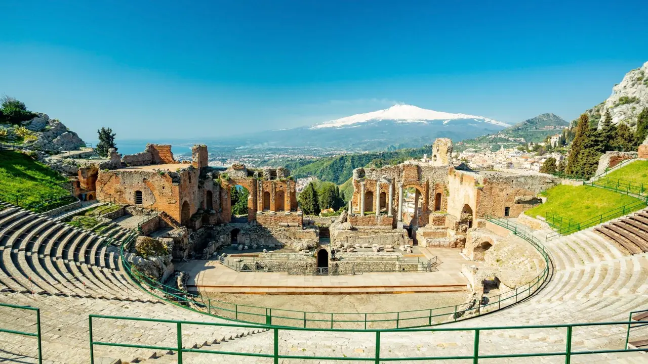  Greco-Roman theatre and Mount Etna view, Taormina, Sicily, Italy