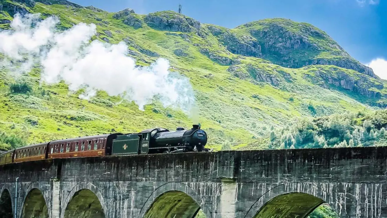 Steam train going along the West Highland Rail, Scotland