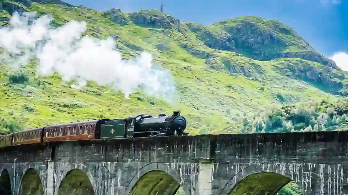 Steam train going along the West Highland Rail, Scotland